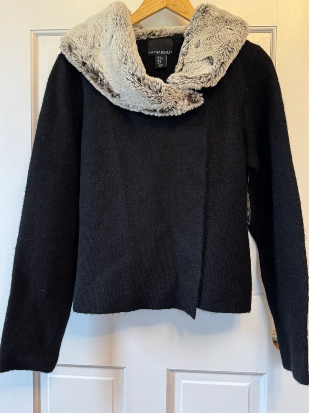 Cynthia Rowley Black Sweater with Light Gray Faux Fur Cowl